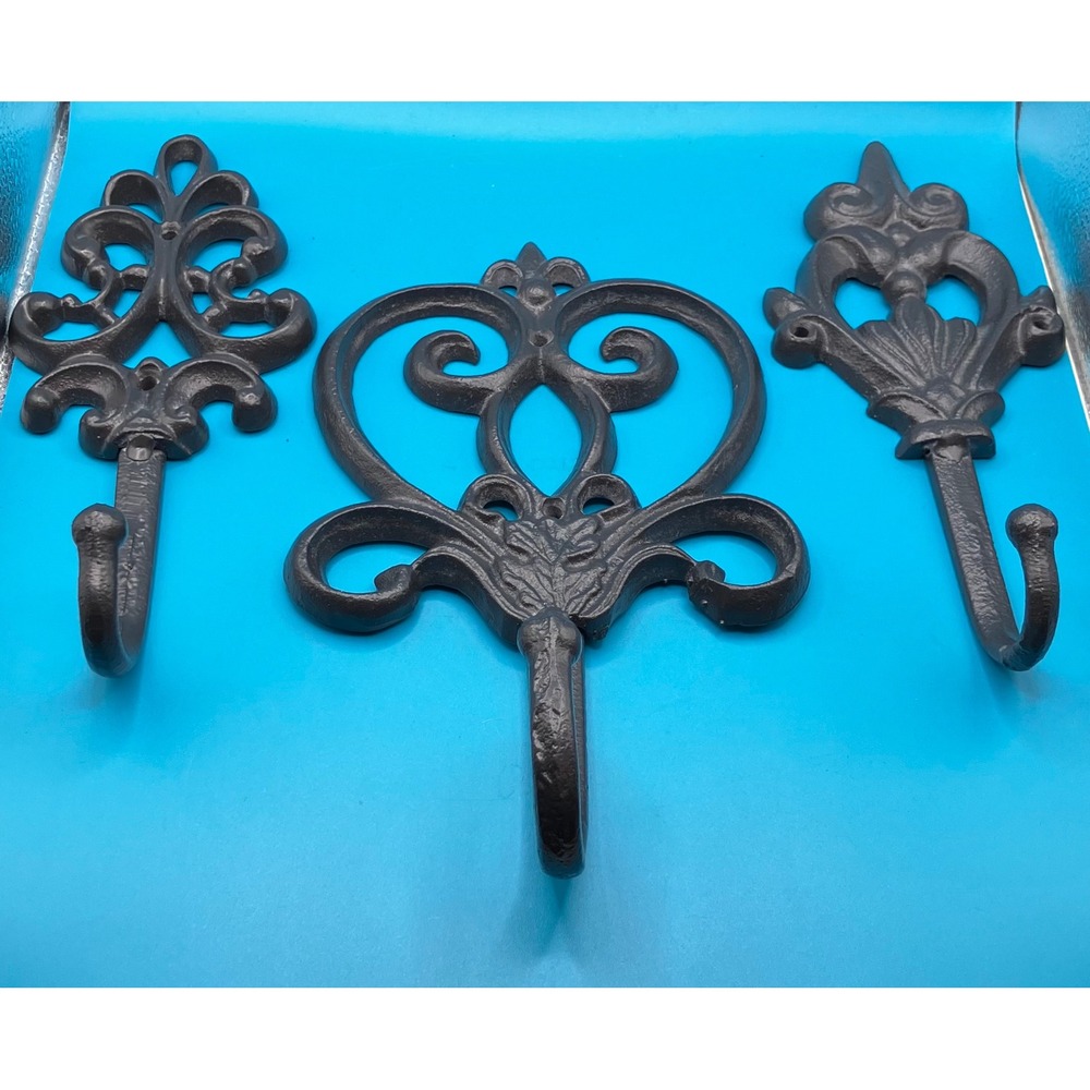 Cast Iron Wall Hooks Black Ornate Fleur De Lis Set of 3